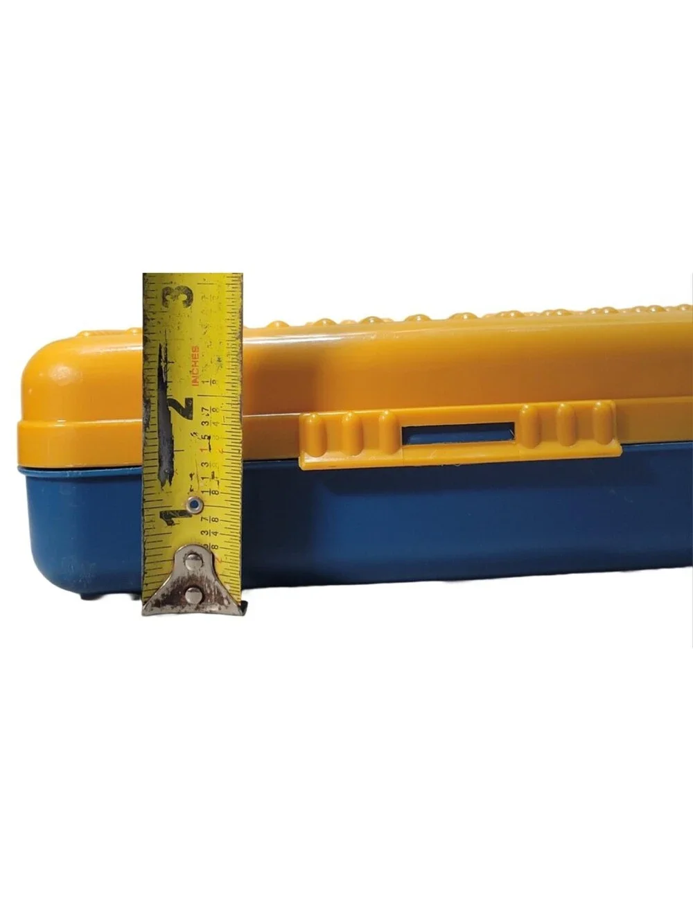 Vintage 90s Spacemaker Hard Pencil Case Box Mustard Top Frosted Teal/Navy Bottom
